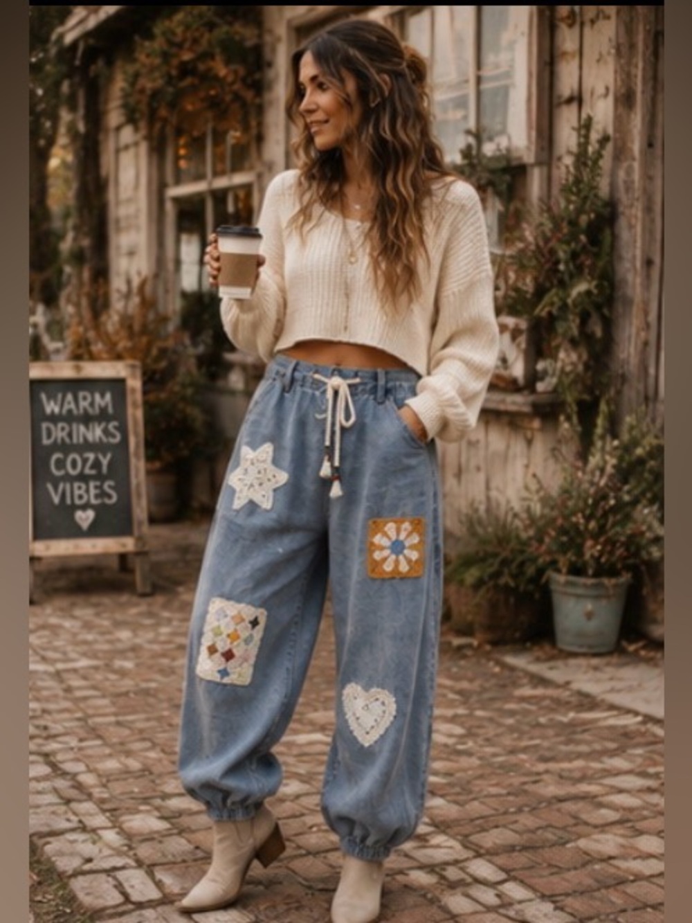 POL Granny Square Patchwork Denim Jogger Pants Boho Cottagecore Crochet M